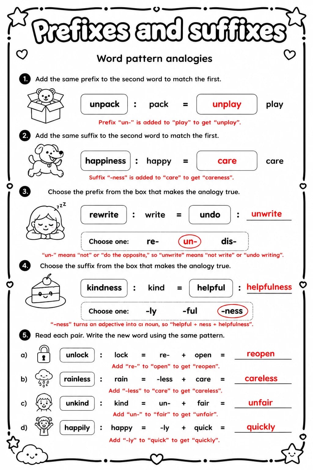 Answer key for Word pattern analogies — free printable English & Reading worksheet