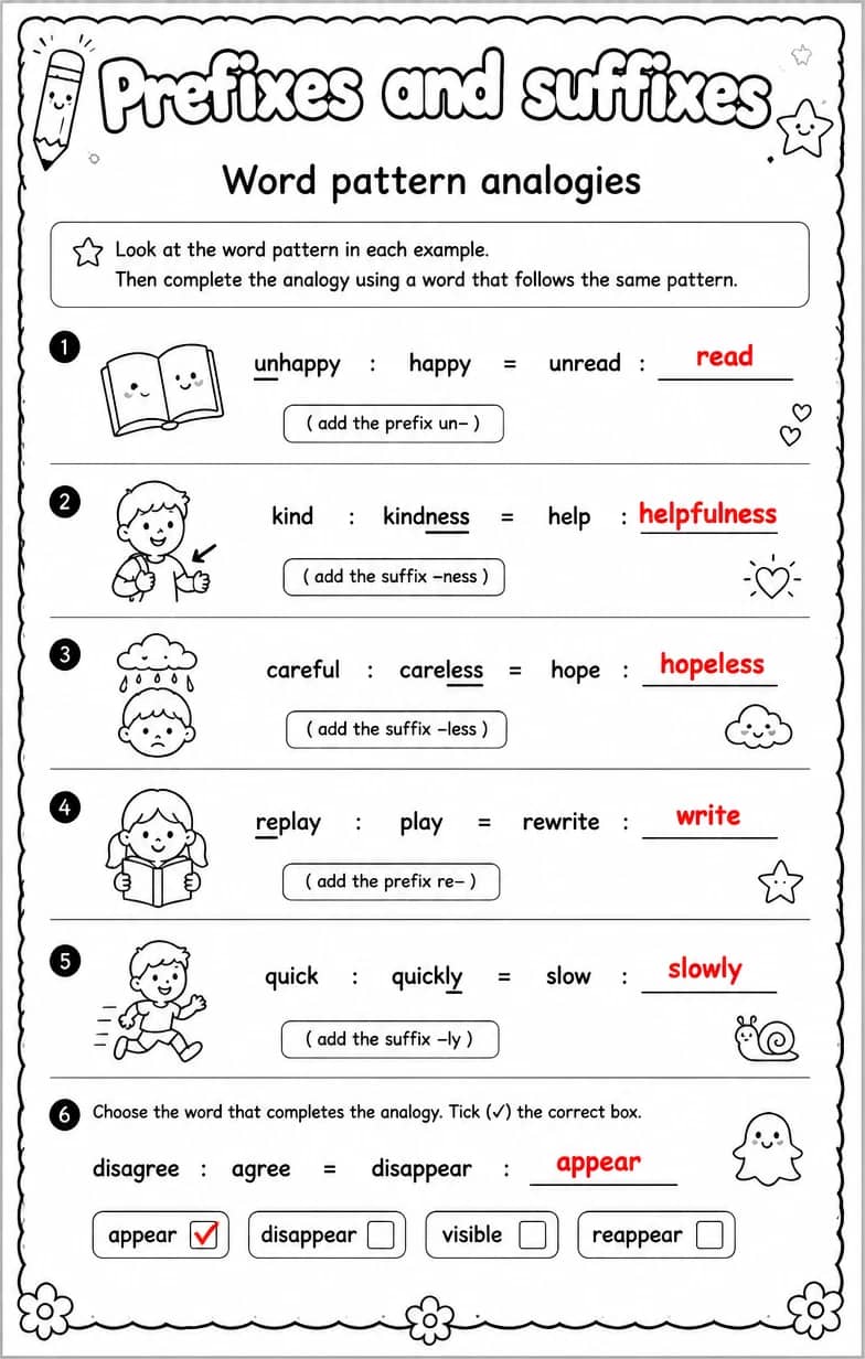 Answer key for Word pattern analogies — free printable English & Reading worksheet