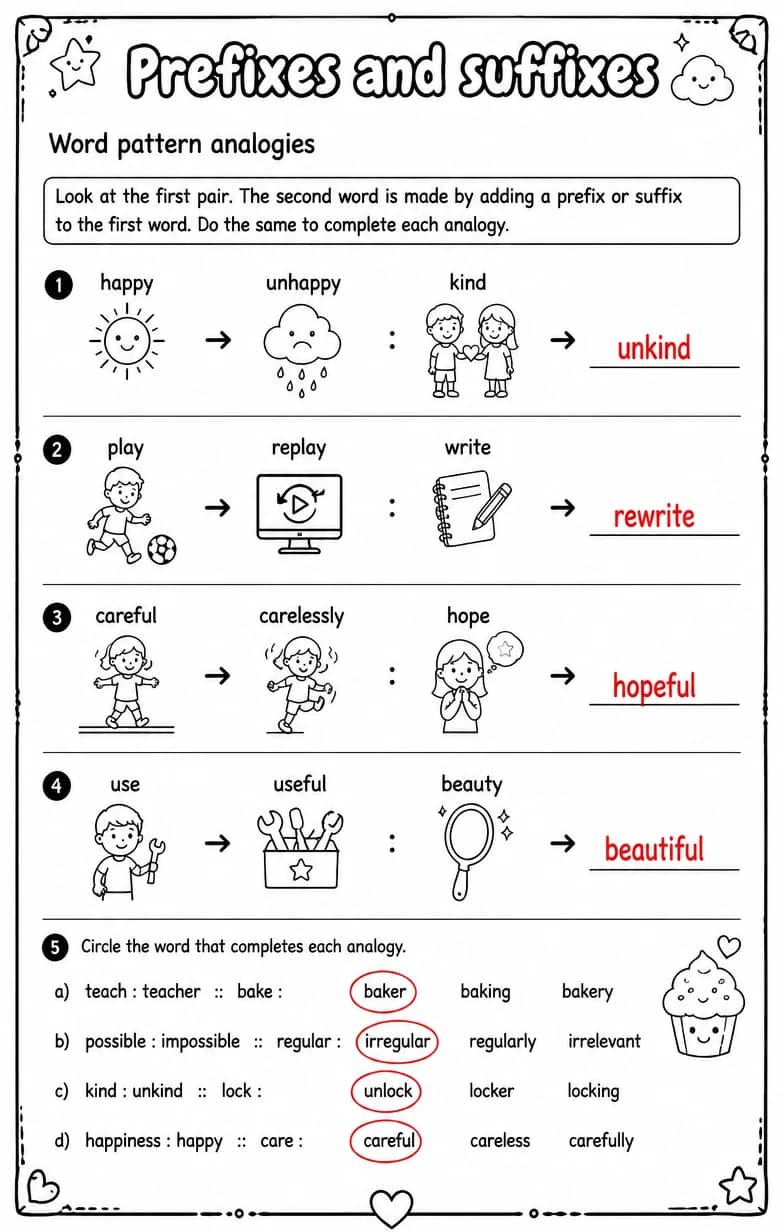 Answer key for Word pattern analogies — free printable English & Reading worksheet