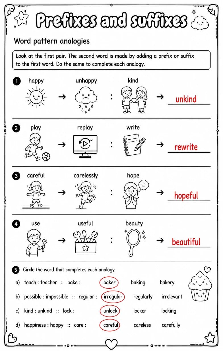 Answer key for Word pattern analogies — free printable English & Reading worksheet
