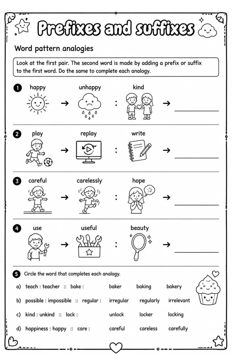 Word pattern analogies — free printable Grade 5 English & Reading worksheet