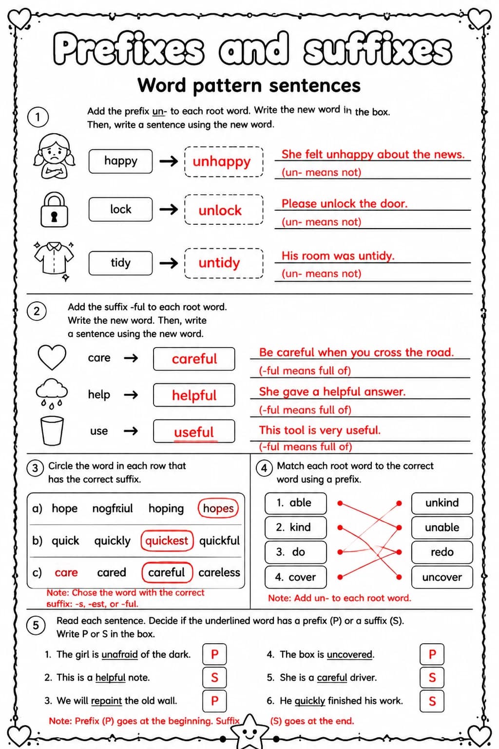 Answer key for Word pattern sentences — free printable English & Reading worksheet