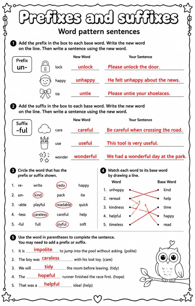 Answer key for Word pattern sentences — free printable English & Reading worksheet