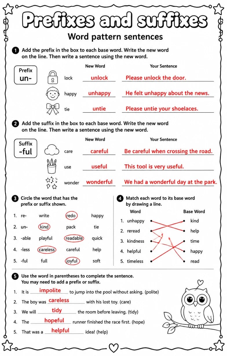 Answer key for Word pattern sentences — free printable English & Reading worksheet