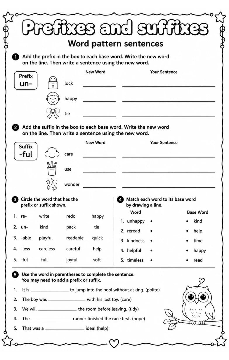 Word pattern sentences — free printable Grade 4 English & Reading worksheet