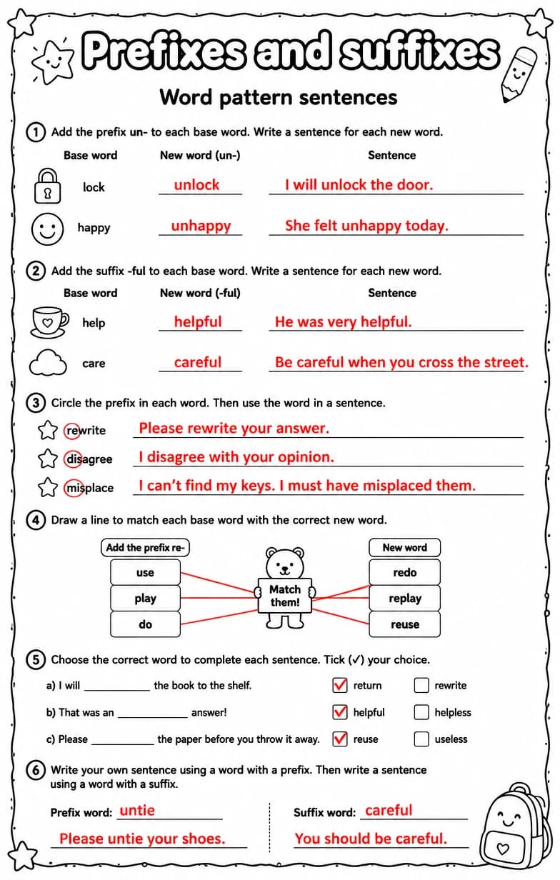 Answer key for Word pattern sentences — free printable English & Reading worksheet