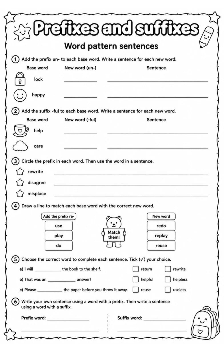 Word pattern sentences — free printable Vocabulary English worksheet