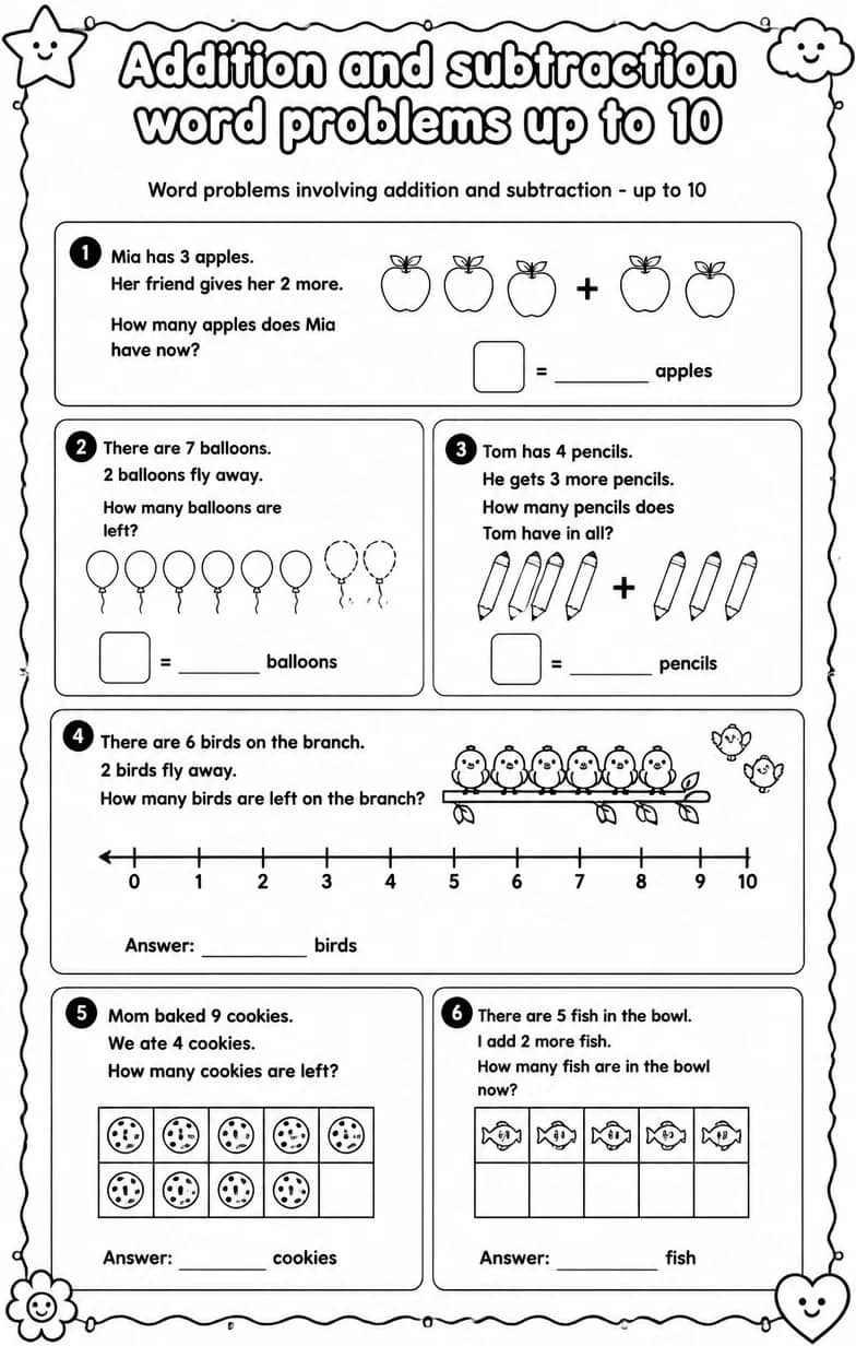 Word problems involving addition and subtraction - up to 10 — free printable Grade 1 math worksheet