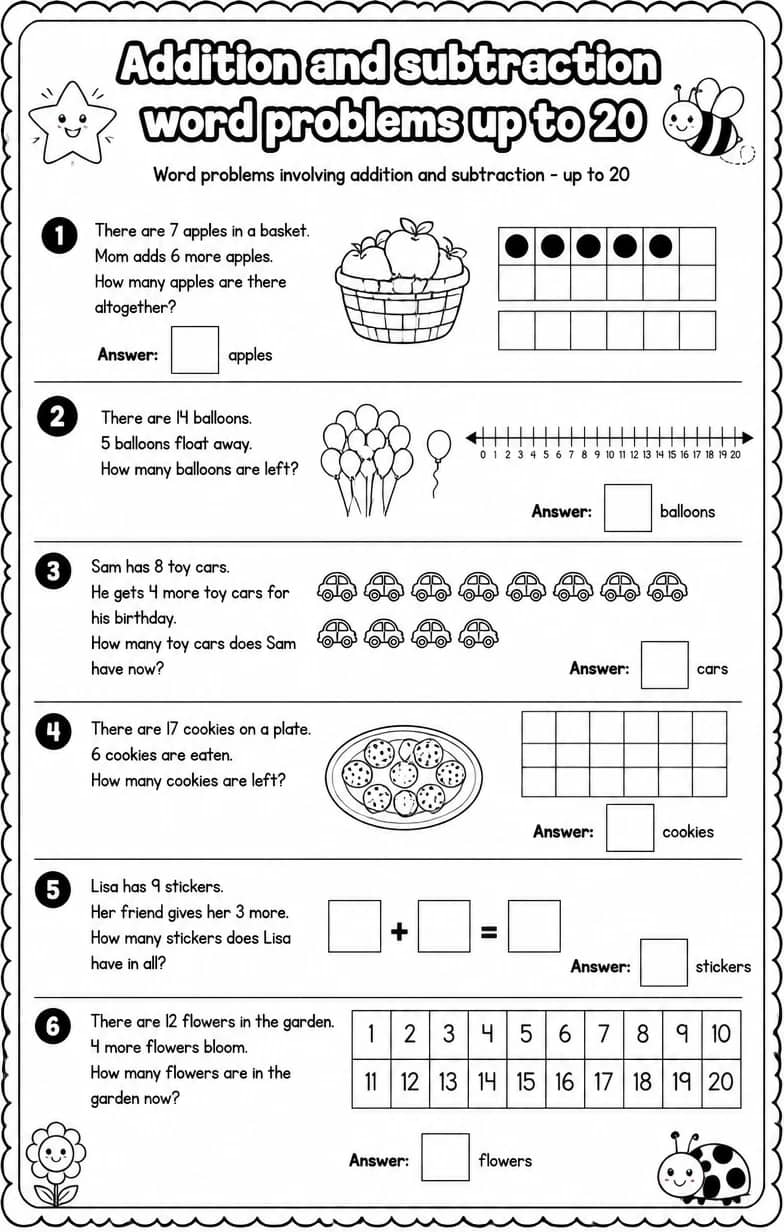 Word problems involving addition and subtraction - up to 20 — free printable Grade 1 math worksheet