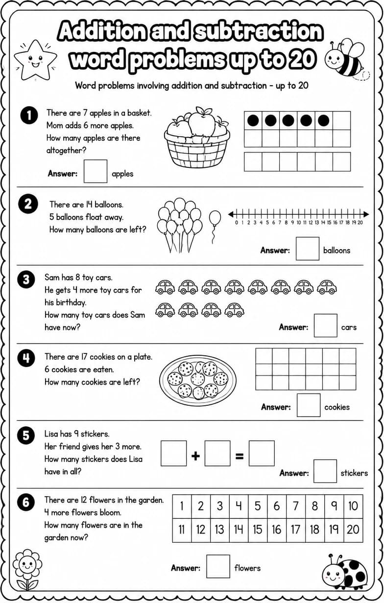 Word problems involving addition and subtraction - up to 20
