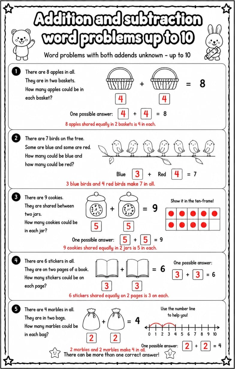 Answer key for Word problems with both addends unknown - up to 10 — free printable Math worksheet