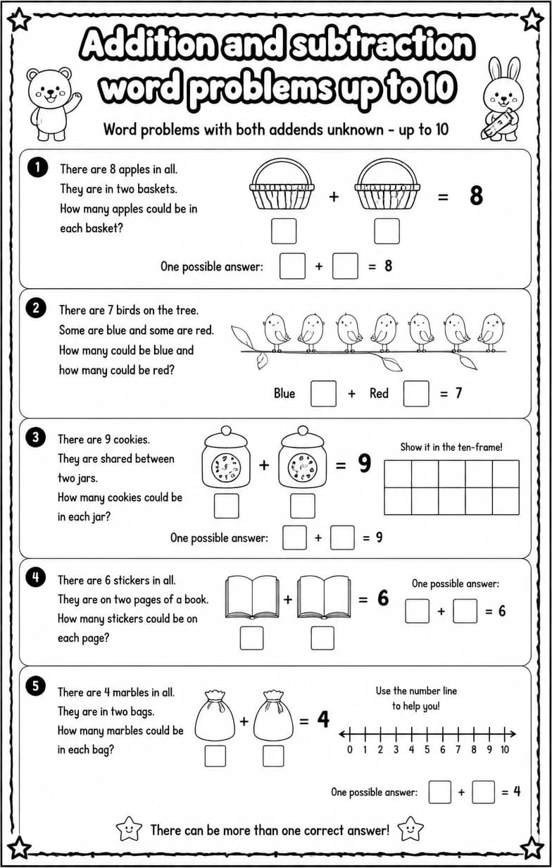 Word problems with both addends unknown - up to 10 — free printable Grade 1 math worksheet