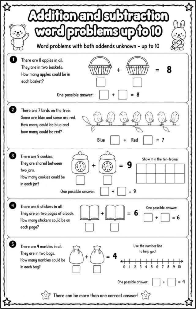Word problems with both addends unknown - up to 10