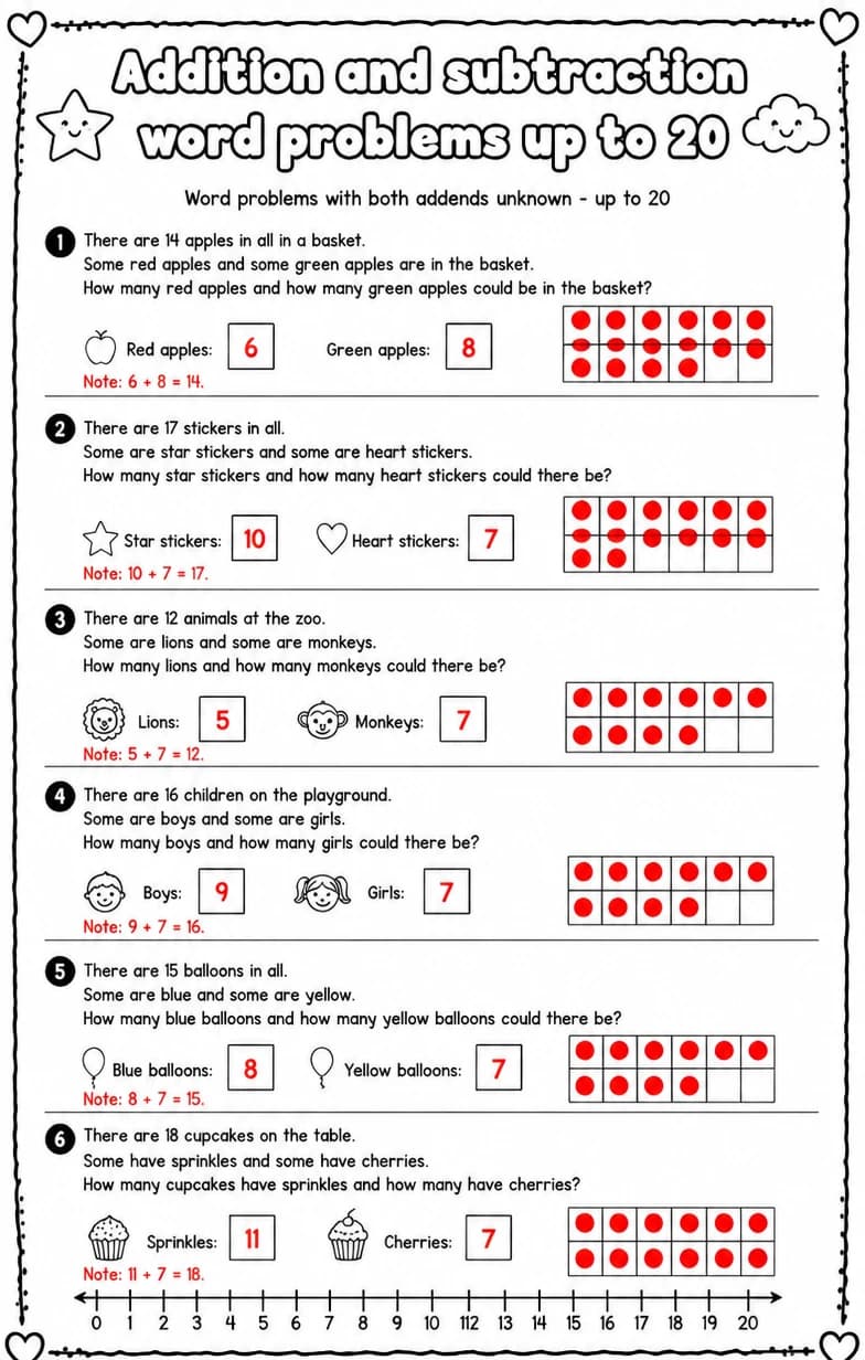 Answer key for Word problems with both addends unknown - up to 20 — free printable Math worksheet