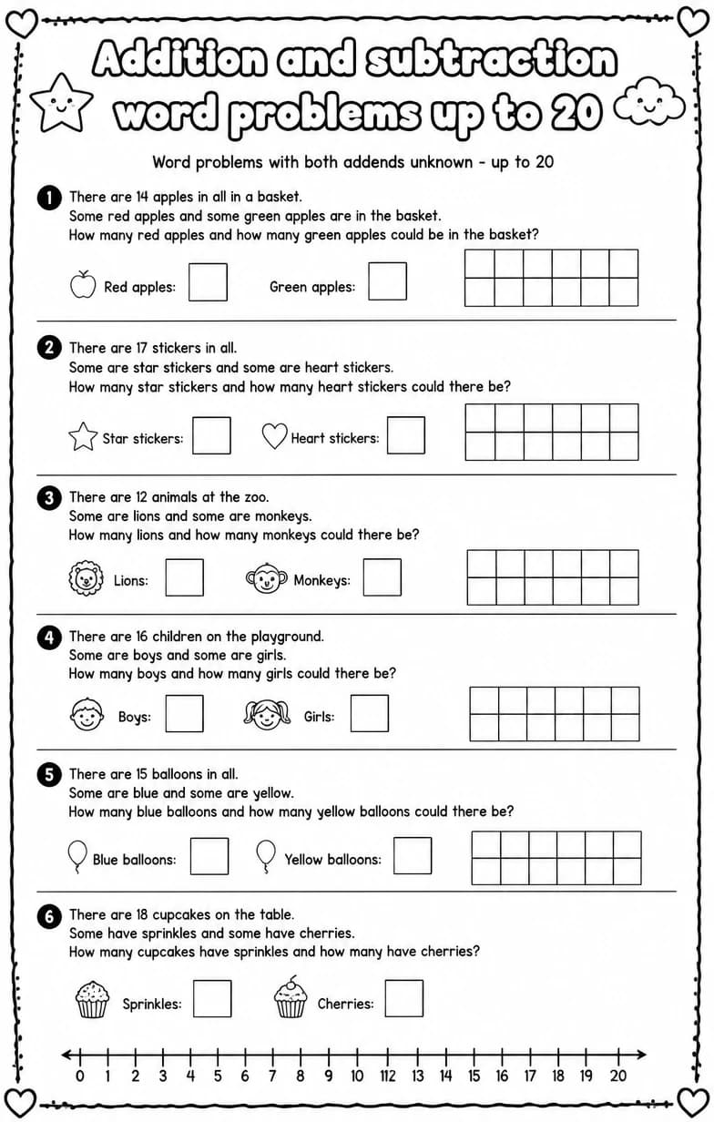 Word problems with both addends unknown - up to 20 — free printable Grade 1 Math worksheet