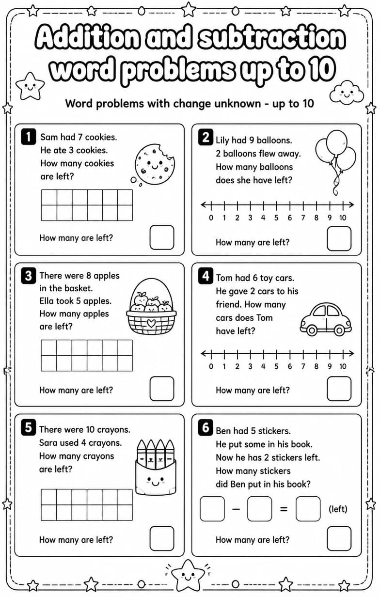 Word problems with change unknown - up to 10 — free printable Grade 1 math worksheet