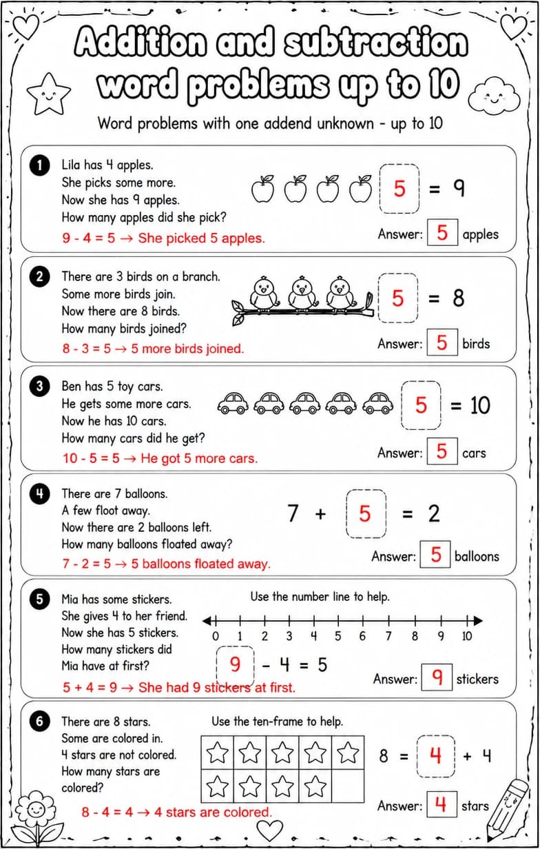 Answer key for Word problems with one addend unknown - up to 10 — free printable Math worksheet