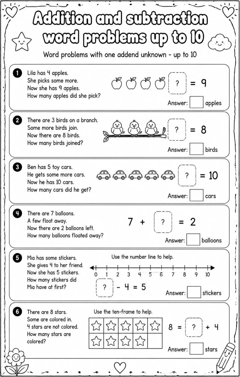 Word problems with one addend unknown - up to 10 — free printable Grade 1 Math worksheet