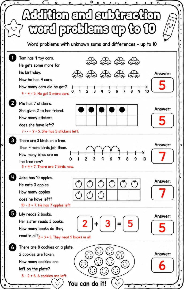 Answer key for Word problems with unknown sums and differences - up to 10 — free printable Math worksheet