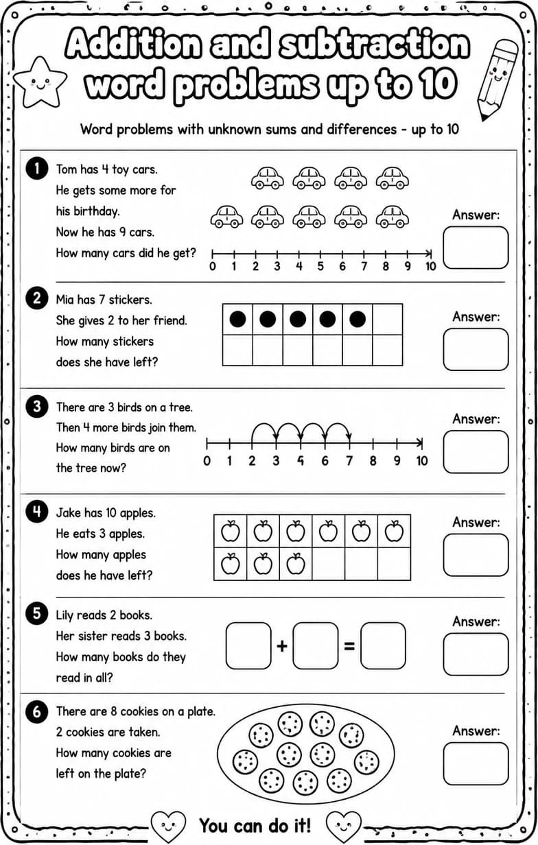 Word problems with unknown sums and differences - up to 10 — free printable Grade 1 math worksheet