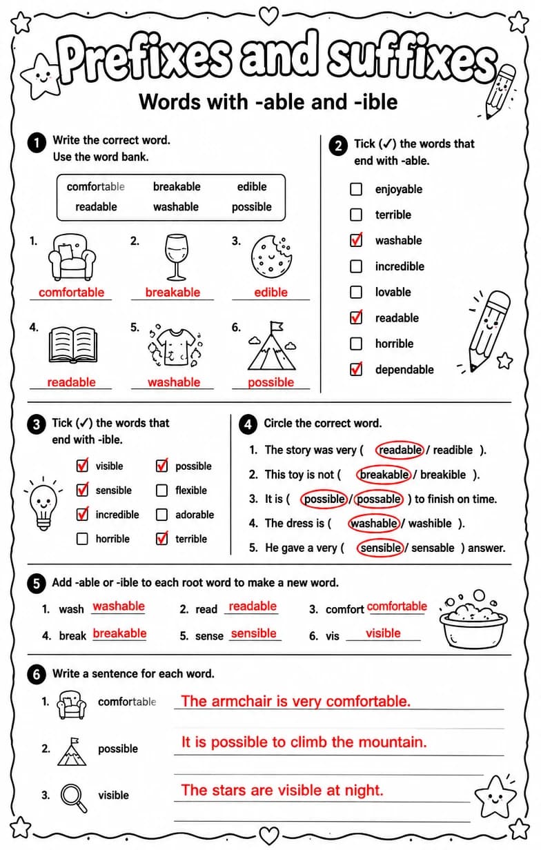 Answer key for Words with -able and -ible — free printable English & Reading worksheet