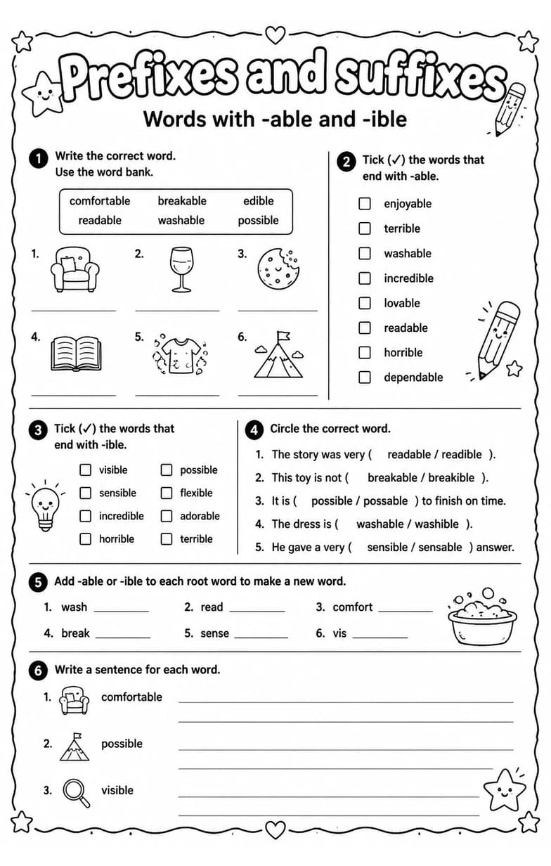 Words with -able and -ible — free printable Grade 5 English & Reading worksheet