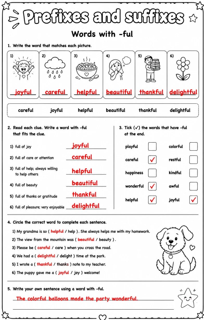 Answer key for Words with -ful — free printable English & Reading worksheet