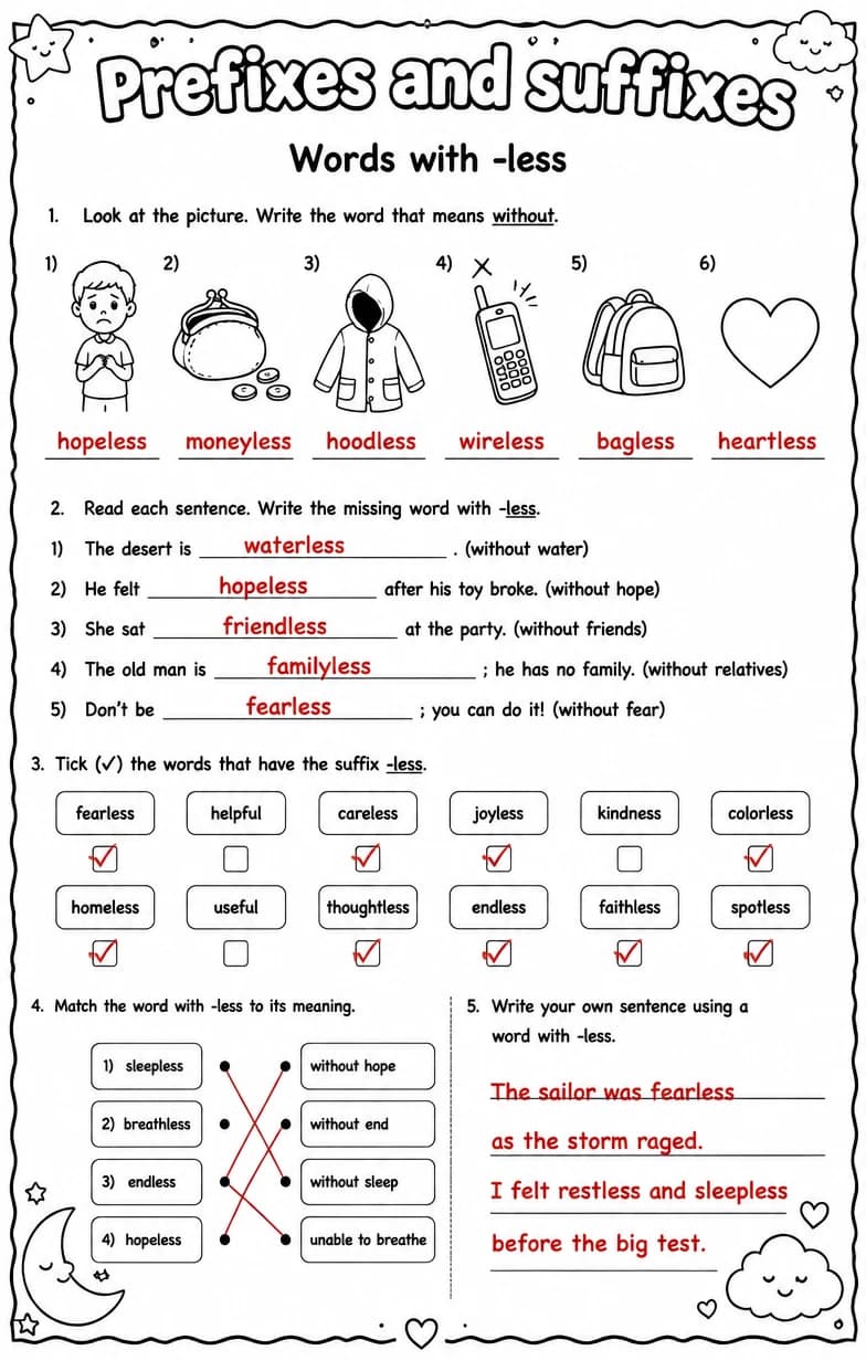 Answer key for Words with -less — free printable English & Reading worksheet