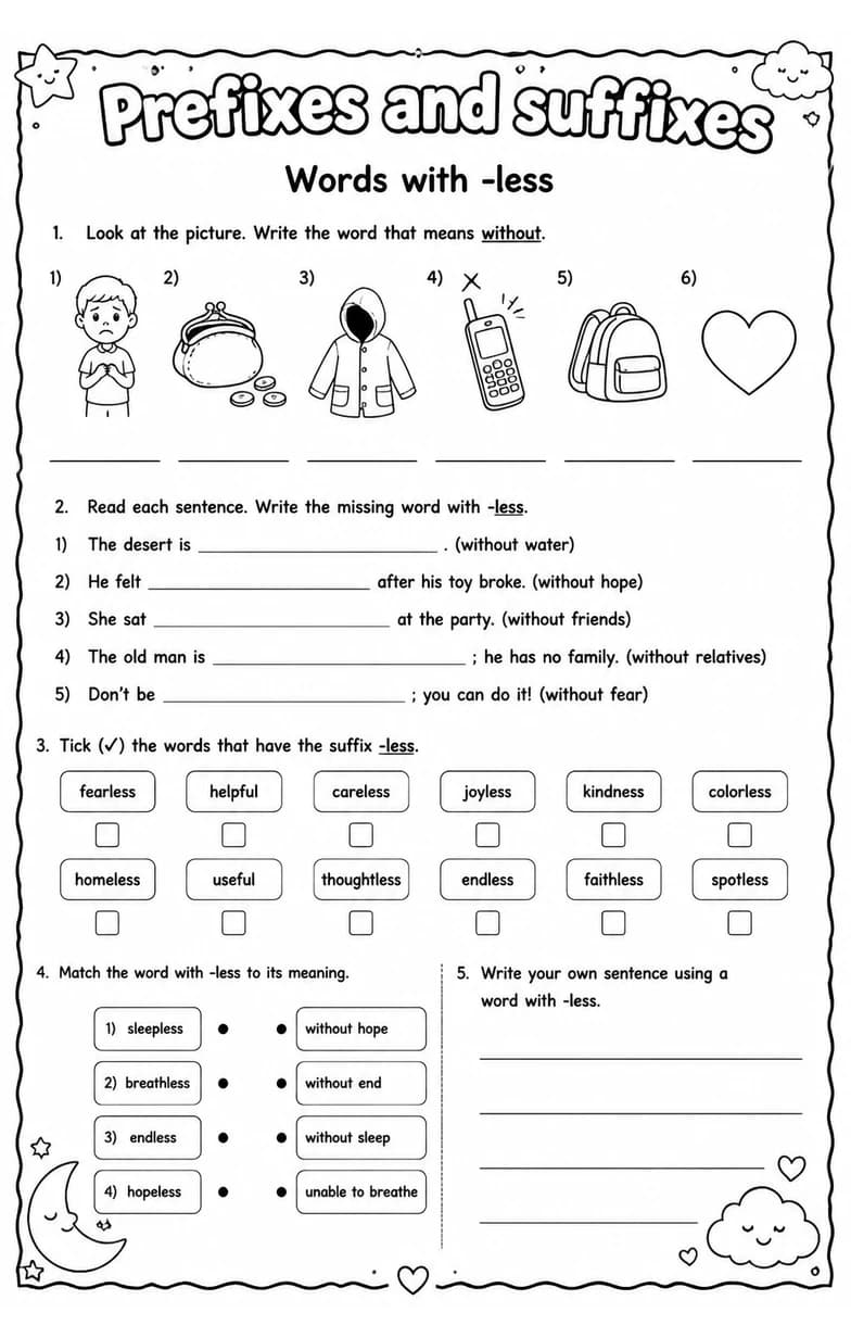 Words with -less — free printable Grade 5 English & Reading worksheet
