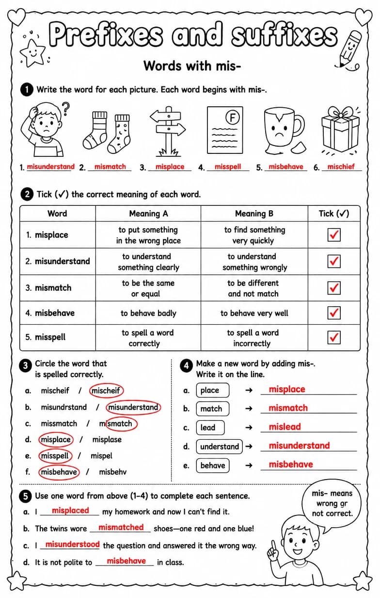Answer key for Words with mis- — free printable English & Reading worksheet