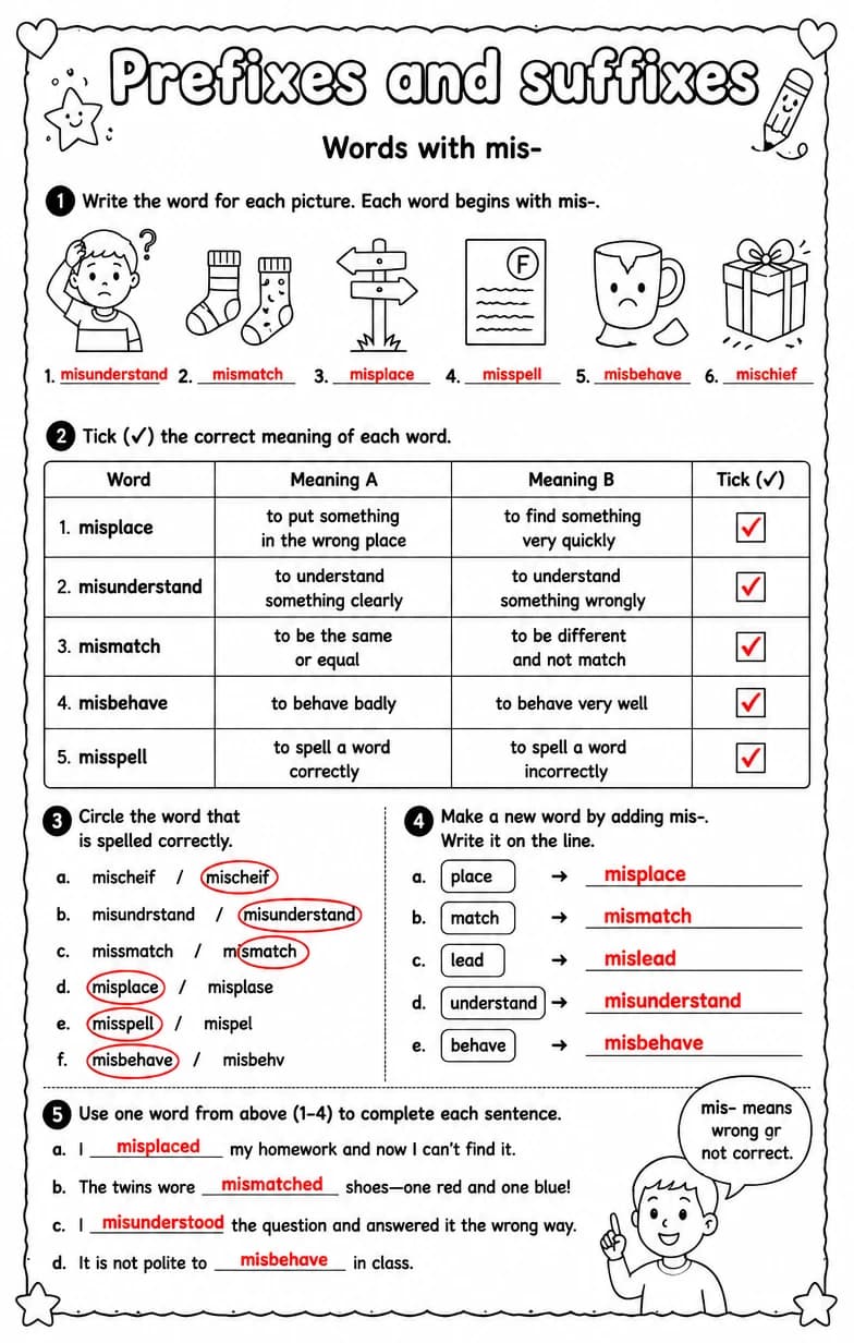 Answer key for Words with mis- — free printable English & Reading worksheet