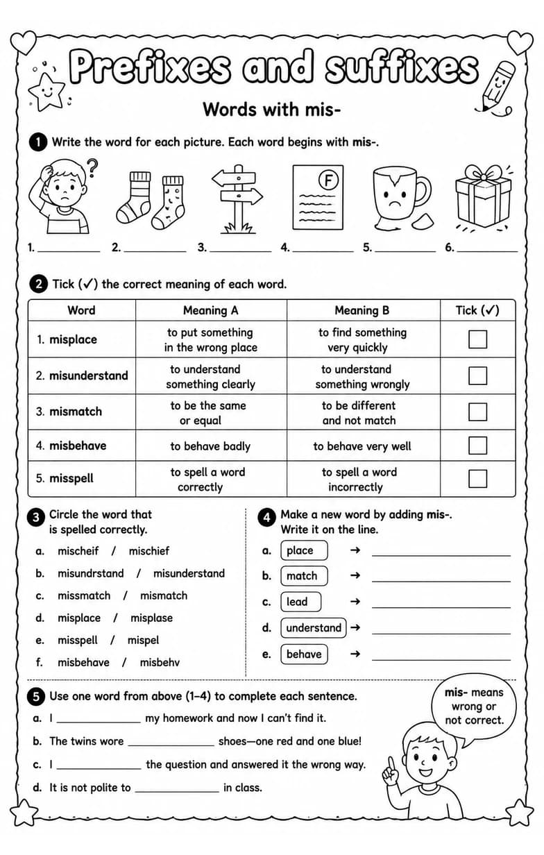 Words with mis- — free printable Grade 5 English & Reading worksheet