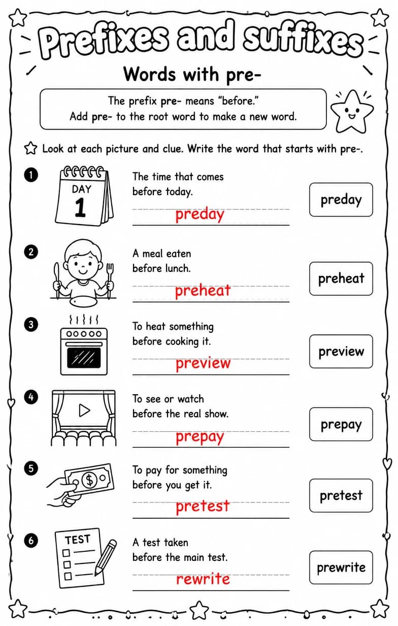 Answer key for Words with pre- — free printable English & Reading worksheet