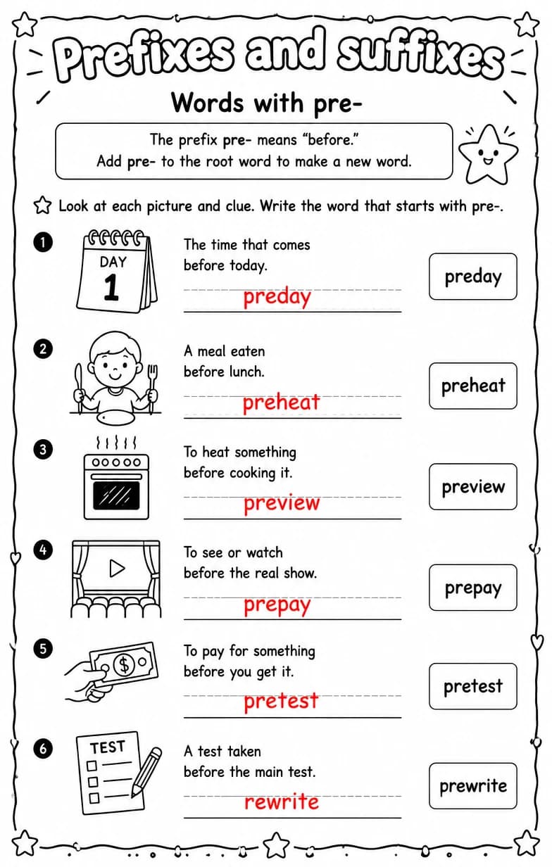 Answer key for Words with pre- — free printable English & Reading worksheet