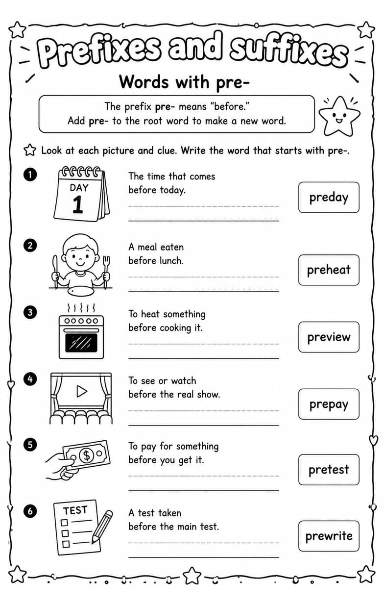 Words with pre- — free printable Grade 5 English & Reading worksheet