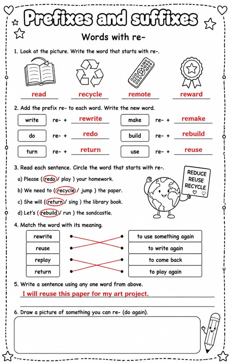 Answer key for Words with re- — free printable English & Reading worksheet