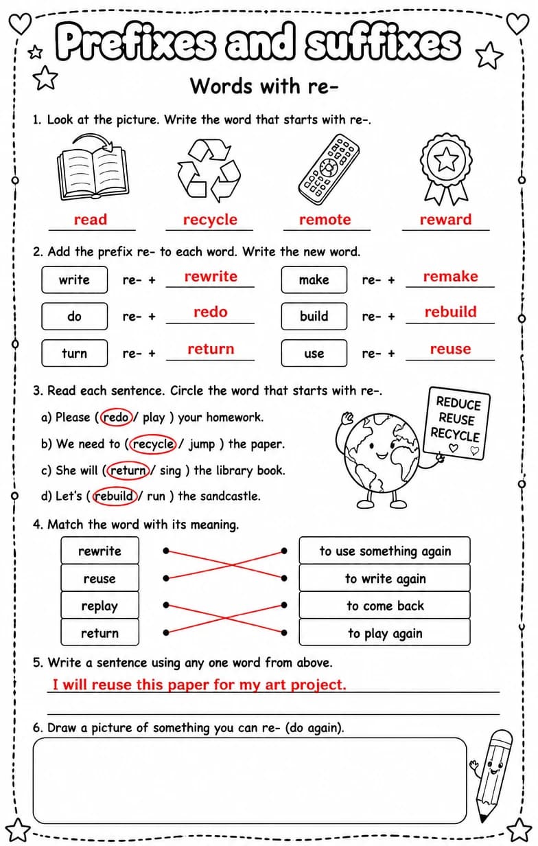 Answer key for Words with re- — free printable English & Reading worksheet