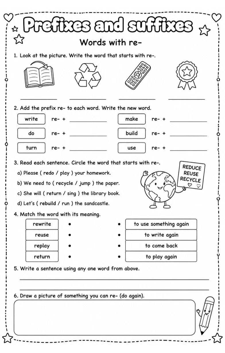 Words with re- — free printable Grade 5 English & Reading worksheet