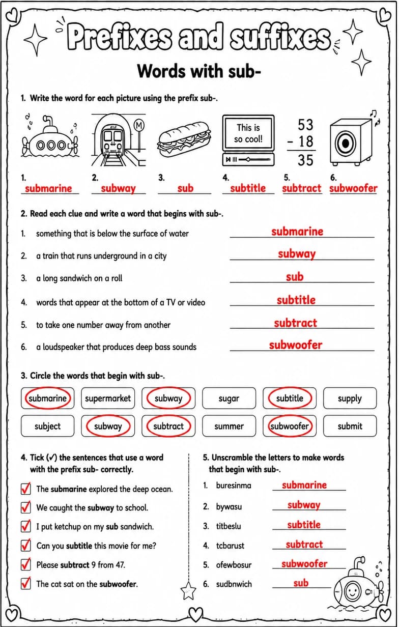 Answer key for Words with sub- — free printable English & Reading worksheet