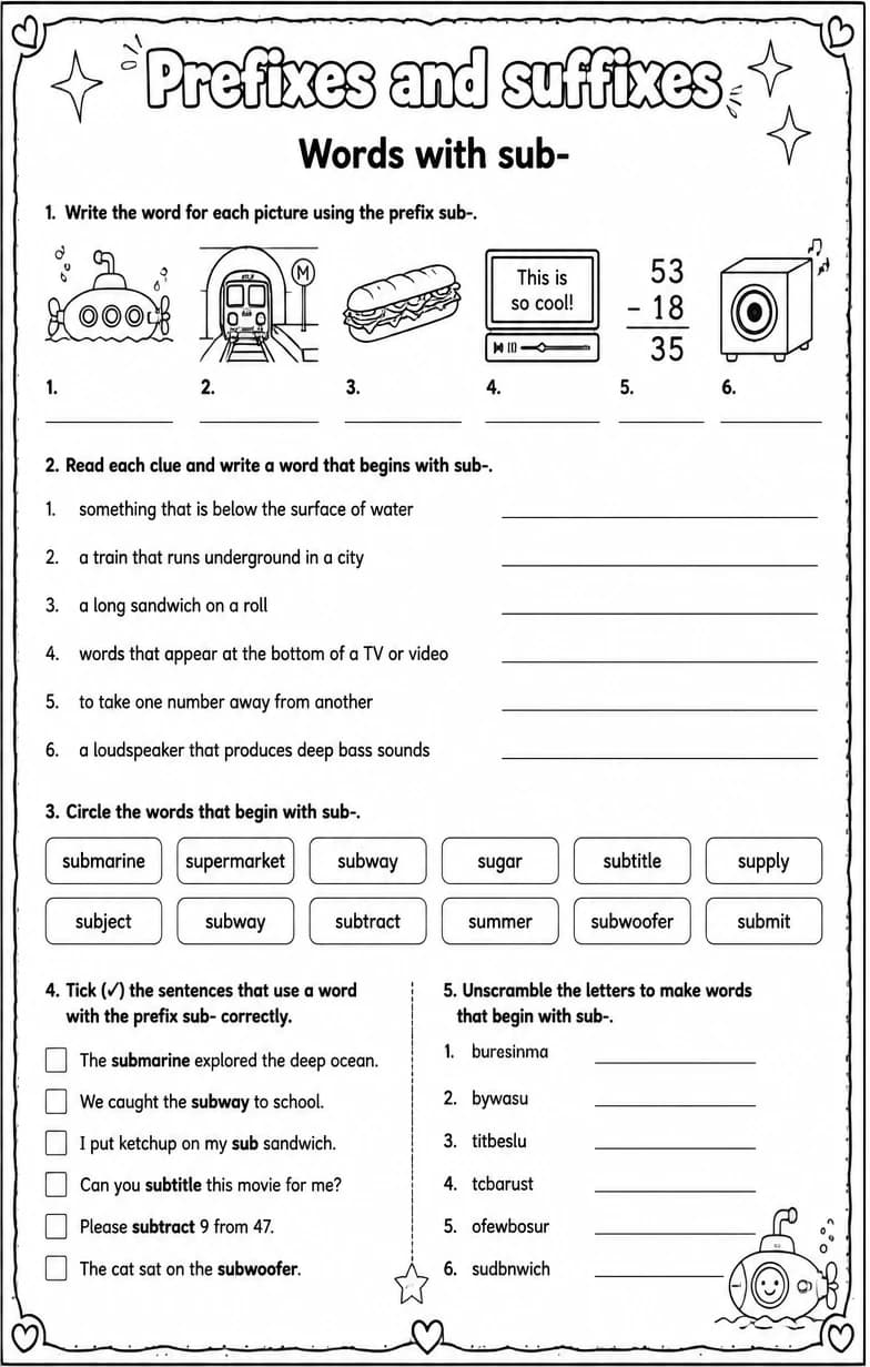 Words with sub- — free printable Vocabulary English worksheet