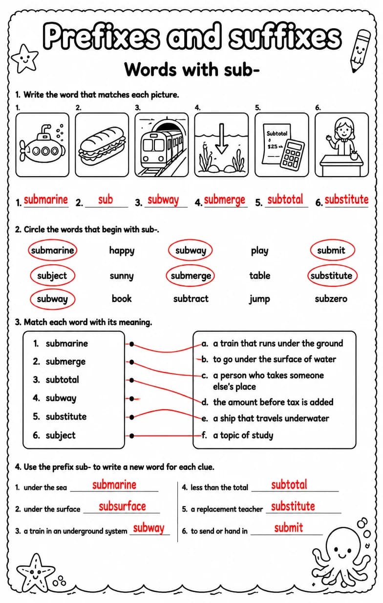 Answer key for Words with sub- — free printable English & Reading worksheet