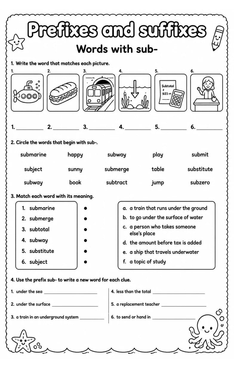 Words with sub- — free printable Grade 5 English & Reading worksheet