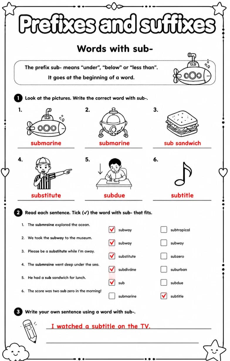 Answer key for Words with sub- — free printable English & Reading worksheet