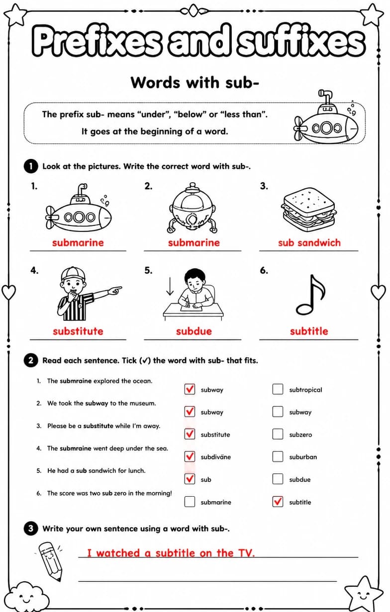 Answer key for Words with sub- — free printable English & Reading worksheet