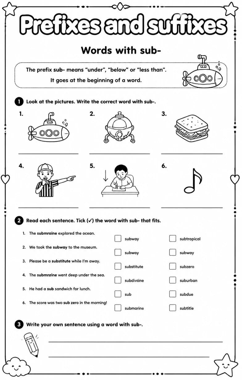 Words with sub- — free printable High School English & Reading worksheet