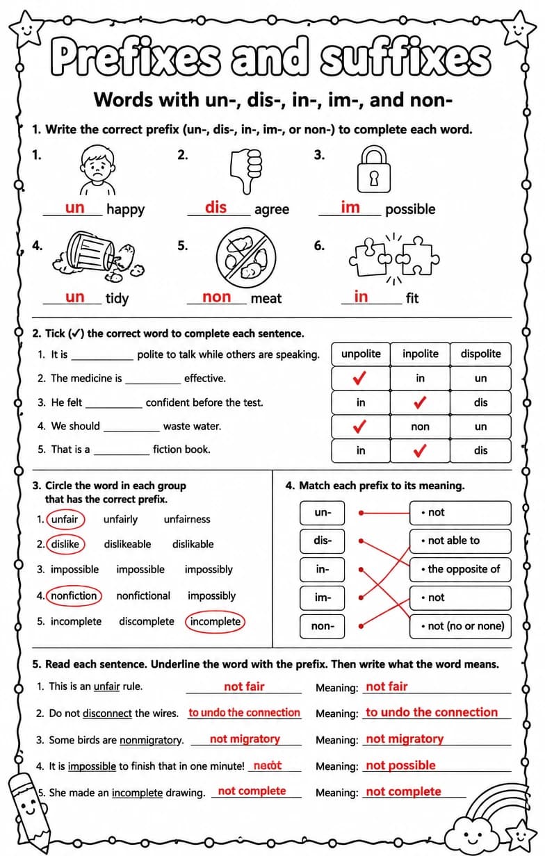 Answer key for Words with un-, dis-, in-, im-, and non- — free printable English & Reading worksheet