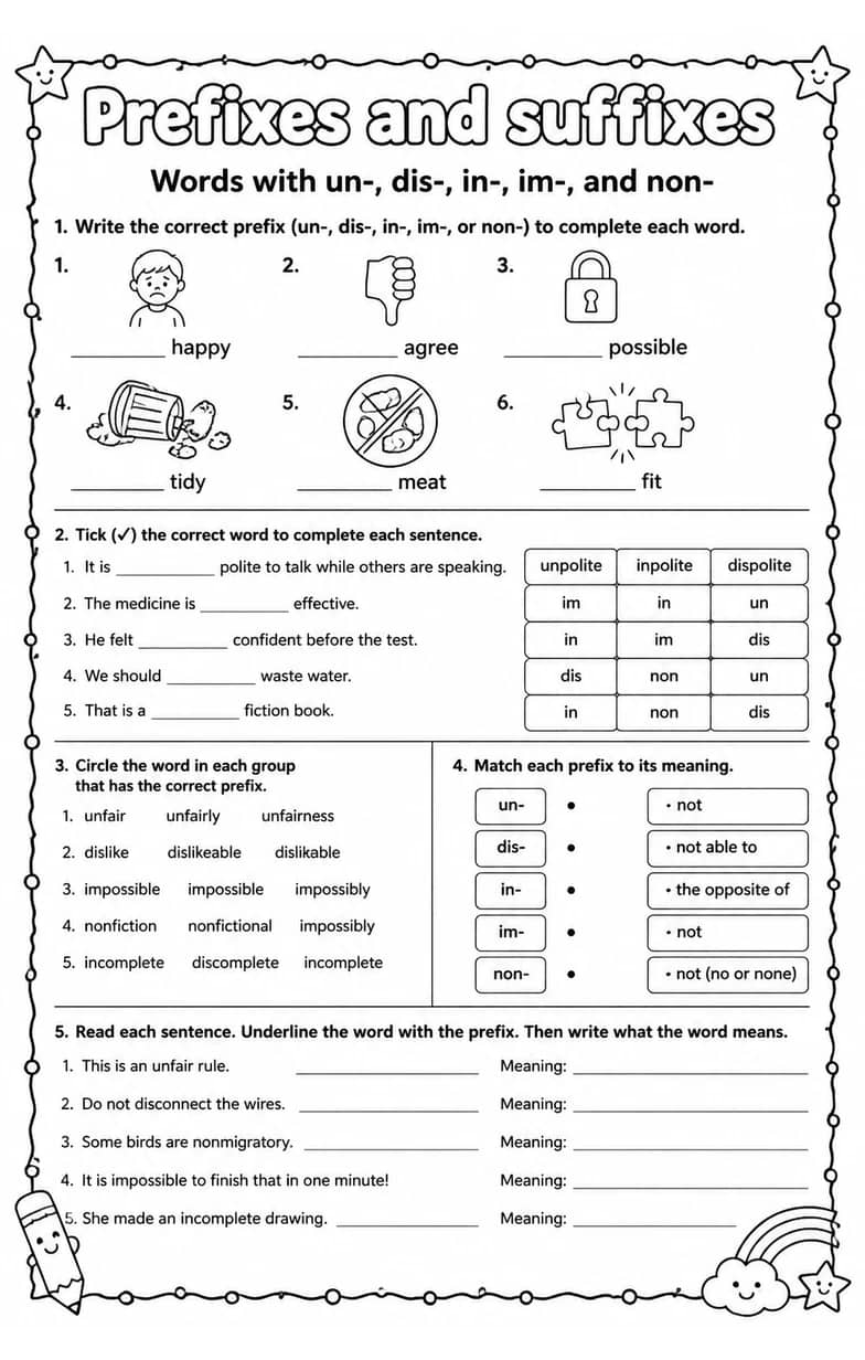 Words with un-, dis-, in-, im-, and non- — free printable Vocabulary English worksheet