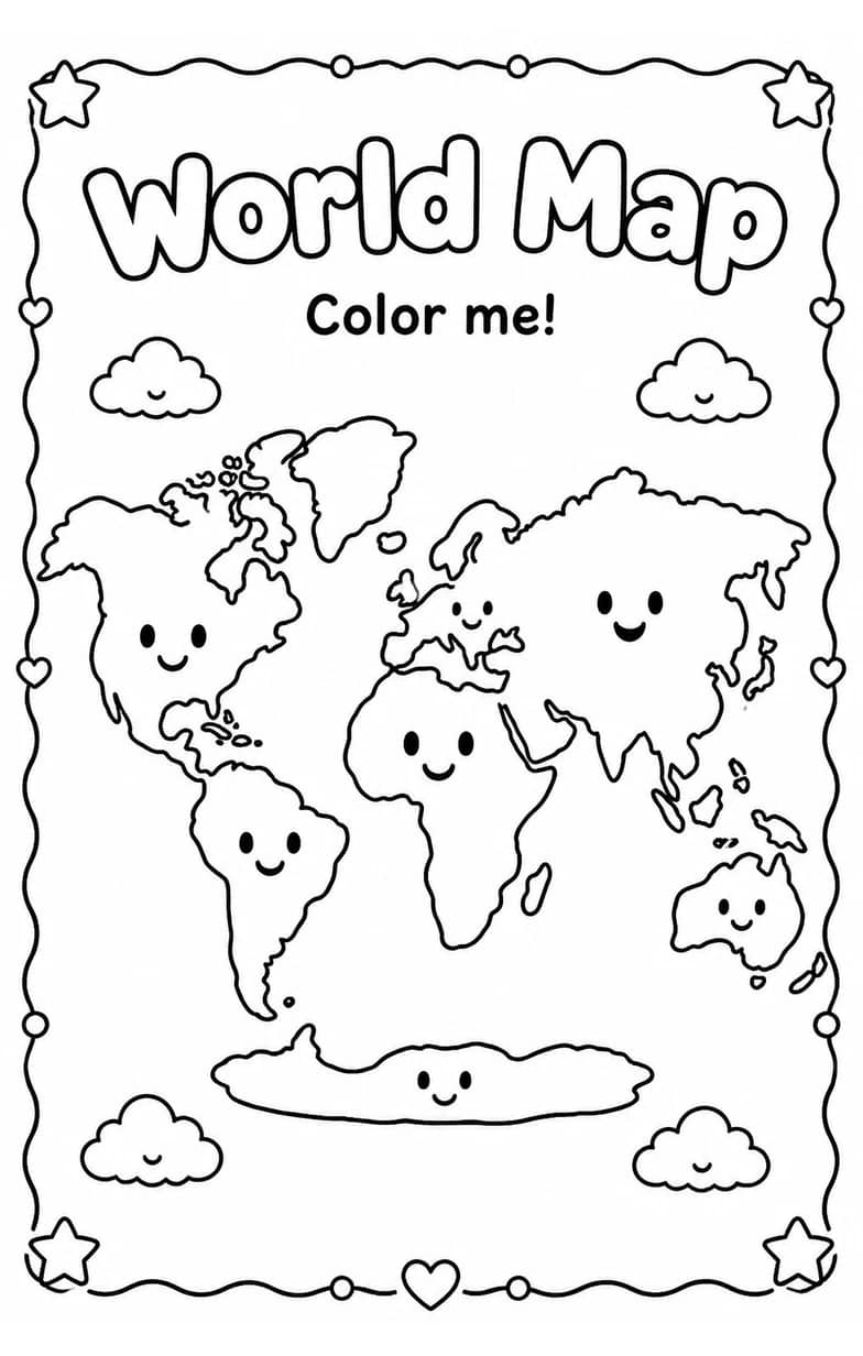 World Map Coloring Pages — free printable Kindergarten Art worksheet