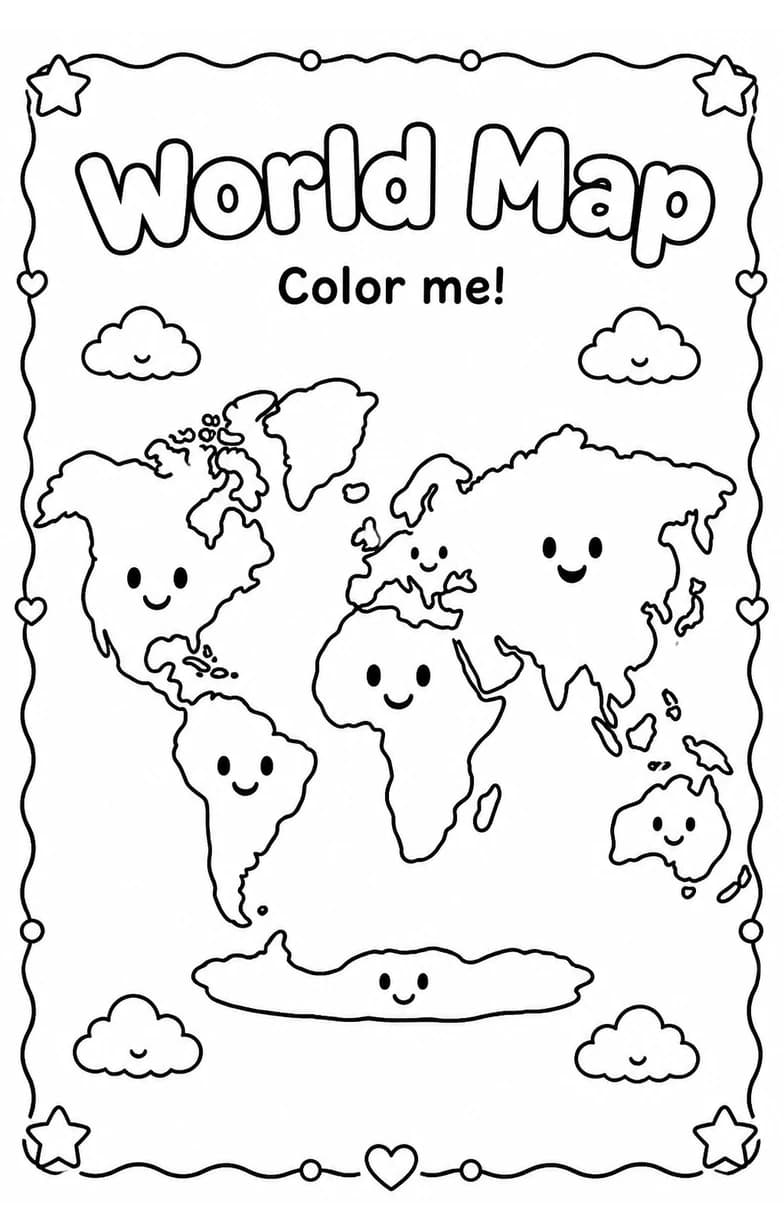 World Map Coloring Pages — free printable Kindergarten Art worksheet