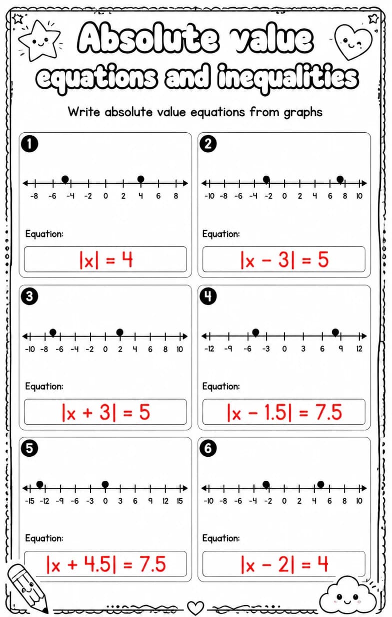 Answer key for Write absolute value equations from graphs — free printable Math worksheet